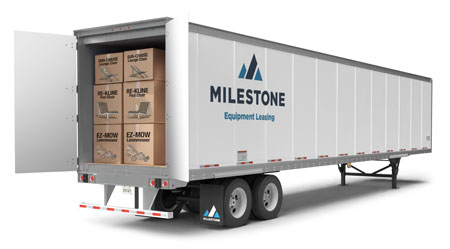 A semi trailer leasing unit in Los Angeles with its rear doors open, revealing neatly stacked shipping boxes for logistics and distribution.