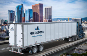 A semi-trailer rental in Los Angeles driving on the highway, offering cost-effective fleet management.